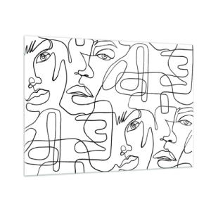 Obraz na szkle - Czarno-biała grafika twarzy w stylu line art - 100x70cm - W splątanych emocjach - Nowoczesna dekoracja ścienna do salonu, kuchni i sypialni ARTTOR