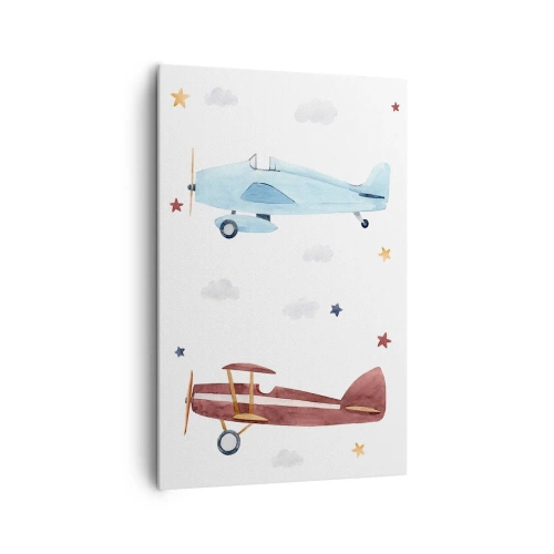 Obraz na płótnie - Ręcznie malowane samoloty na tle chmur i gwiazd - 80x120cm - Panie pilocie, czekamy! - Nowoczesna dekoracja ścienna do salonu i sypialni ARTTOR
