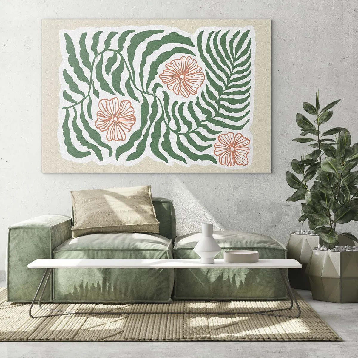 Obraz na szkle - Zielone liście i czerwone kwiaty w graficznym układzie - 70x50cm - Rozkwitłe w zieleni - Nowoczesna dekoracja ścienna do salonu i sypialni ARTTOR
