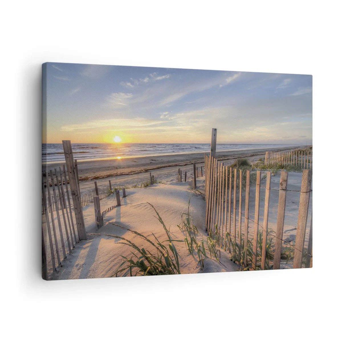 Obraz na płótnie - Plaża o zachodzie słońca z drewnianym ogrodzeniem - 70x50cm - Blask i cień wiatru - Nowoczesna dekoracja ścienna do salonu i sypialni ARTTOR