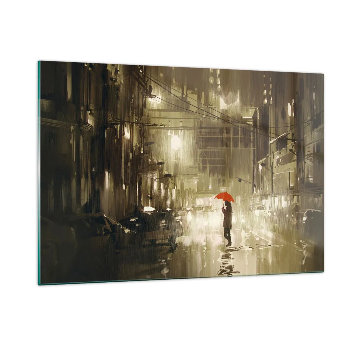 Obraz na szkle - Osoba z czerwonym parasolem w deszczowym świetle miasta nocą - 120x80cm - Sama, ale nie samotna - Nowoczesna dekoracja ścienna do salonu, kuchni i sypialni ARTTOR