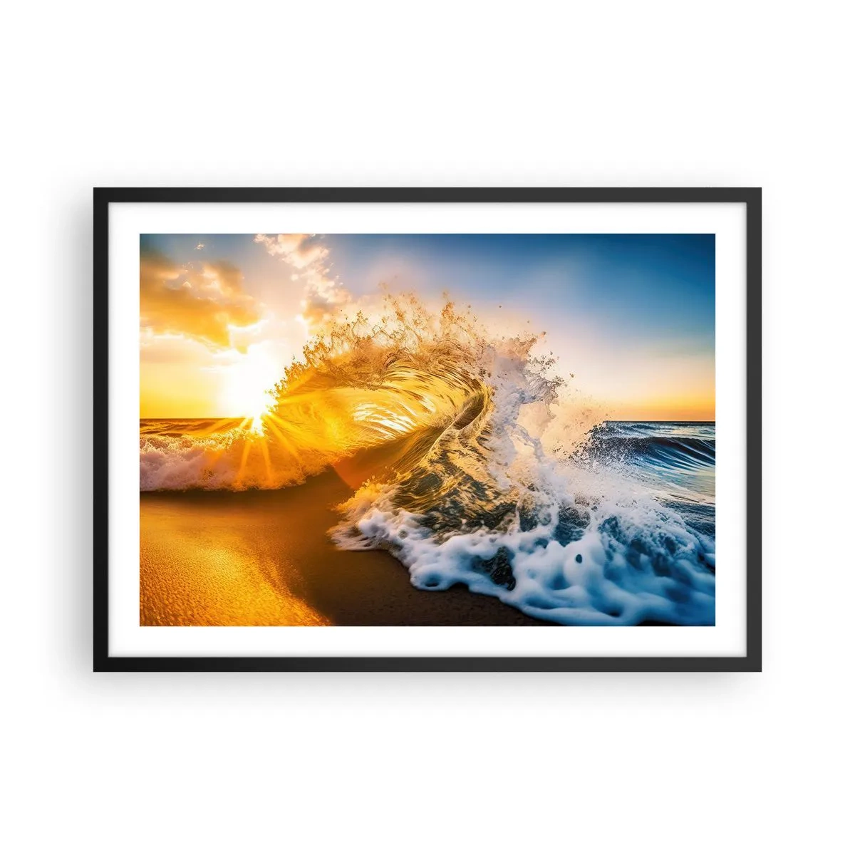 Plakat w czarnej ramie - Złota fala na tle zachodzącego słońca - 70x50cm - Zabawa na piasku - Nowoczesna dekoracja ścienna do salonu i sypialni ARTTOR