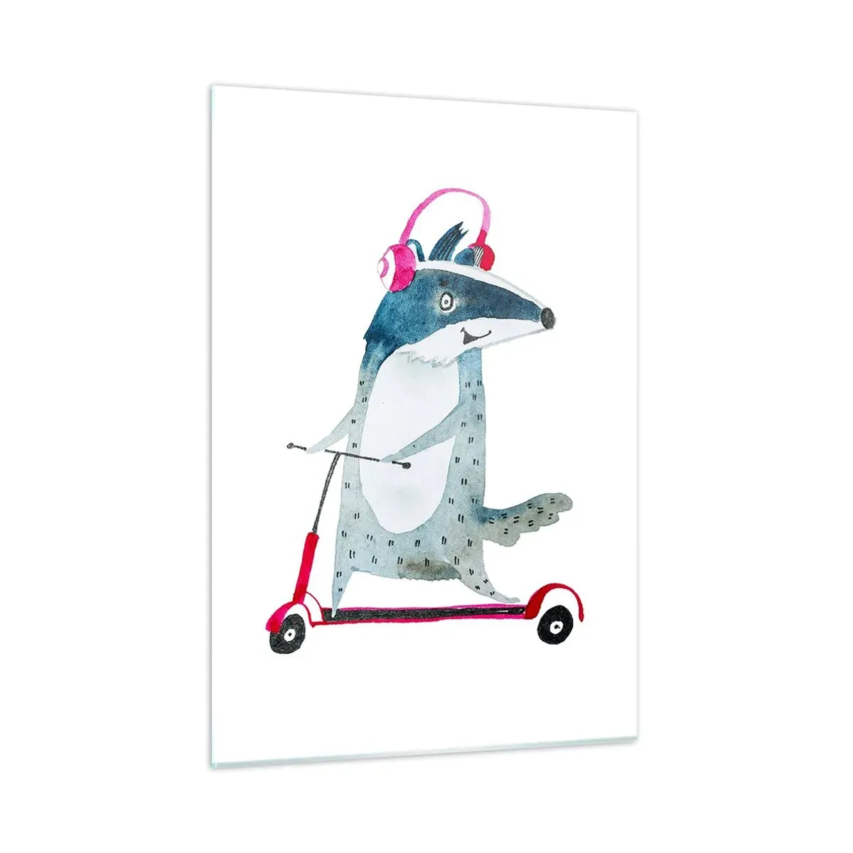 Obraz na szkle - Borsuk w słuchawkach na hulajnodze w stylu akwareli - 50x70cm - Borsucze radości - Nowoczesna dekoracja ścienna do salonu, kuchni i sypialni ARTTOR