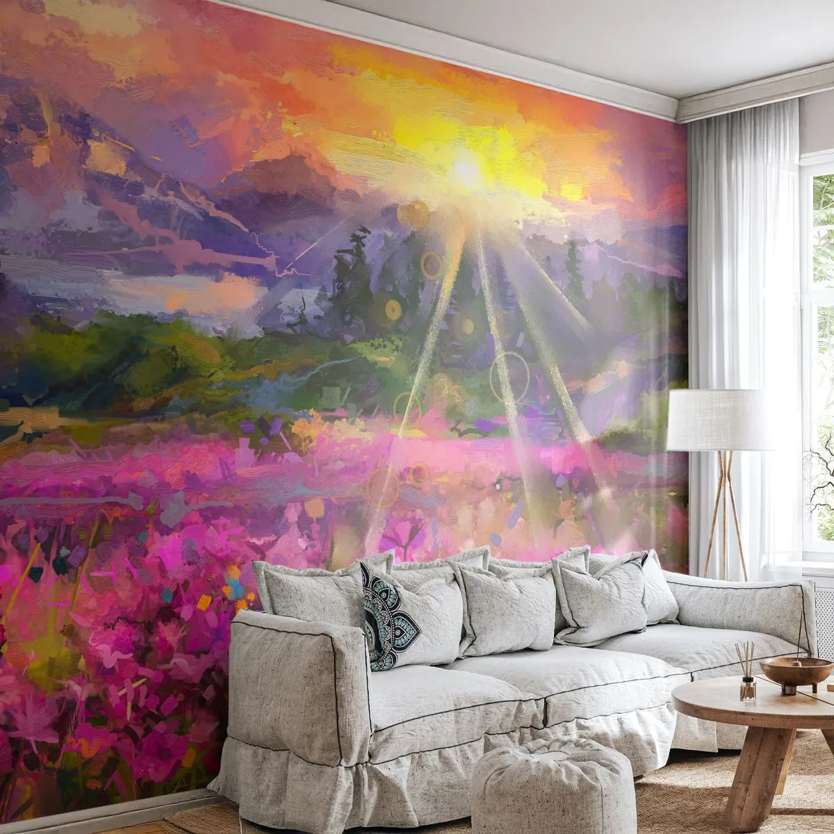 Fototapeta Premium Canvas - W dolinie pod opieką słońca - Abstrakcja, Krajobraz, Kwiaty - 200x140 cm