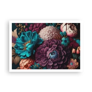 Plakat - Bukiet kwiatów w intensywnych kolorach na ciemnym tle - 100x70cm - Natura na bogato - Nowoczesna dekoracja ścienna do salonu i sypialni ARTTOR