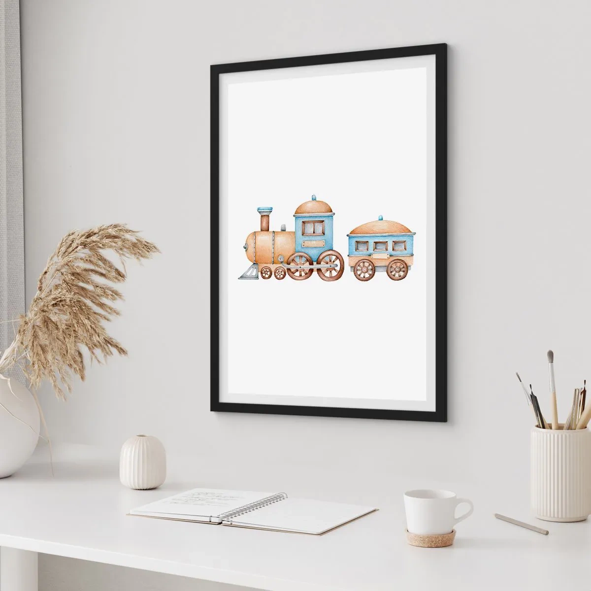 Plakat w czarnej ramie - Akwarelowy pociąg w odcieniach niebieskiego i beżu - 50x70cm - Stoi na stacji... - Nowoczesna dekoracja ścienna do salonu i sypialni ARTTOR