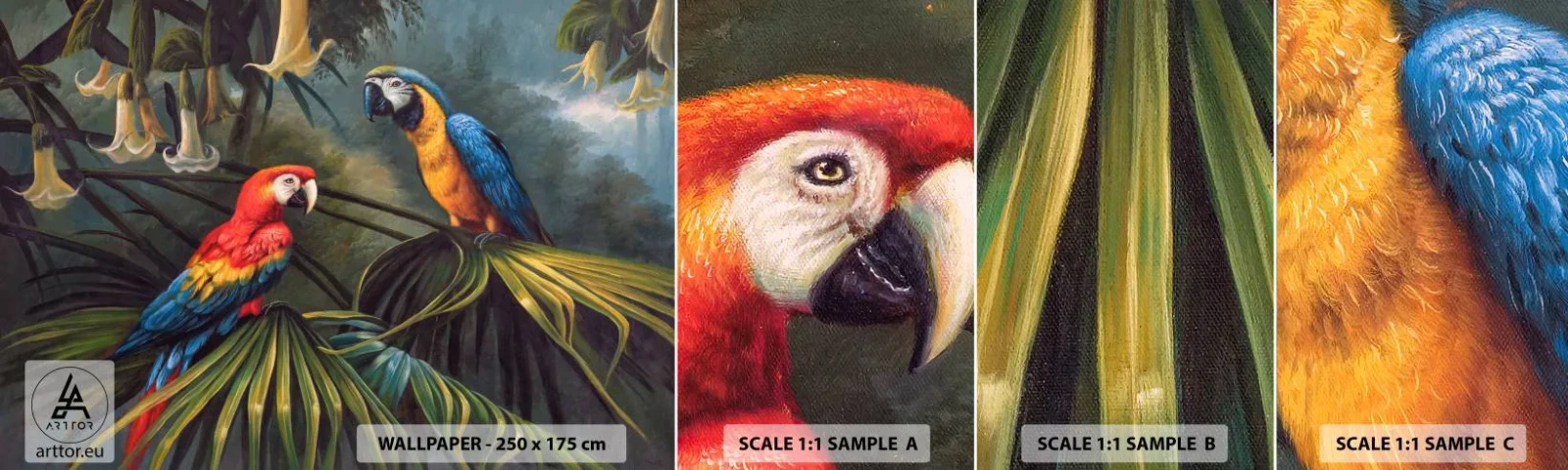 Fototapeta Próbka Samoprzylepna Deluxe Sticker - Romantyzm w tropikach - Papuga Ara, Zwierzęta, Las Tropikalny - 100x30 cm