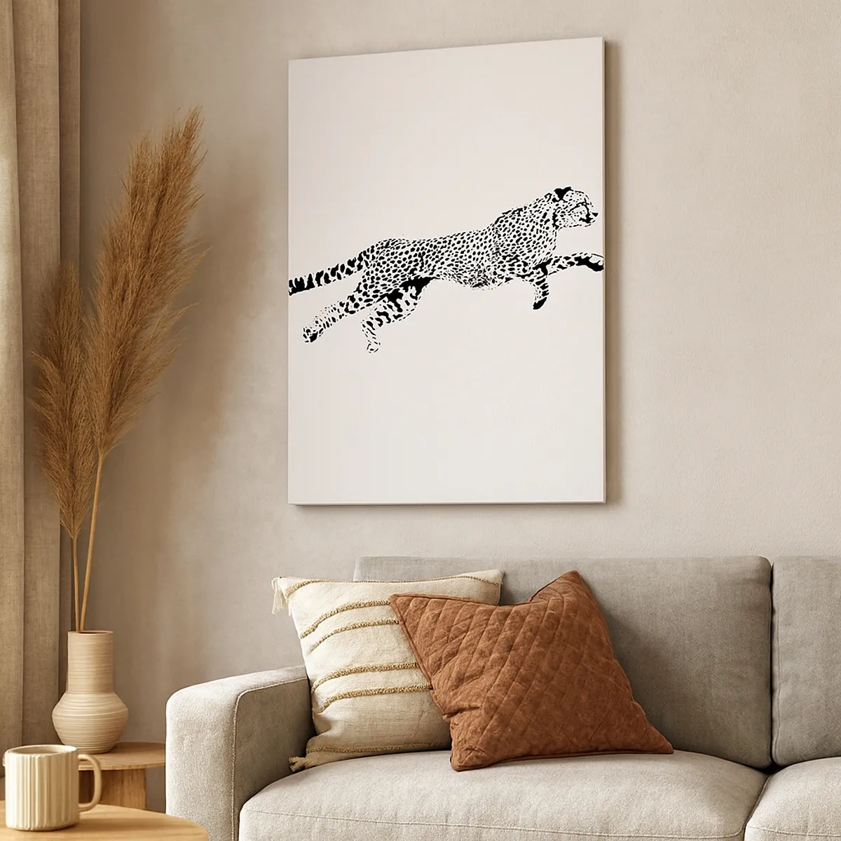 Obraz na płótnie - Skaczący lampart w minimalistycznym stylu na białym tle - 50x70cm - Najszybszy na Ziemi - Nowoczesna dekoracja ścienna do salonu, kuchni i sypialni ARTTOR