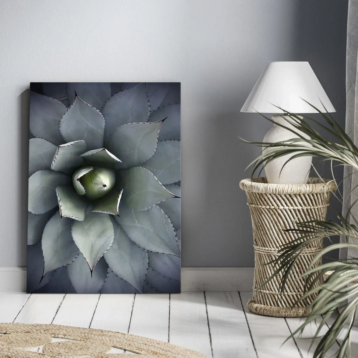 Obraz na płótnie - Zbliżenie na rozetę sukulenta o symetrycznych, mięsistych liściach - 50x70cm - Wabi i przestrzega - Nowoczesna dekoracja ścienna do salonu, kuchni i sypialni ARTTOR