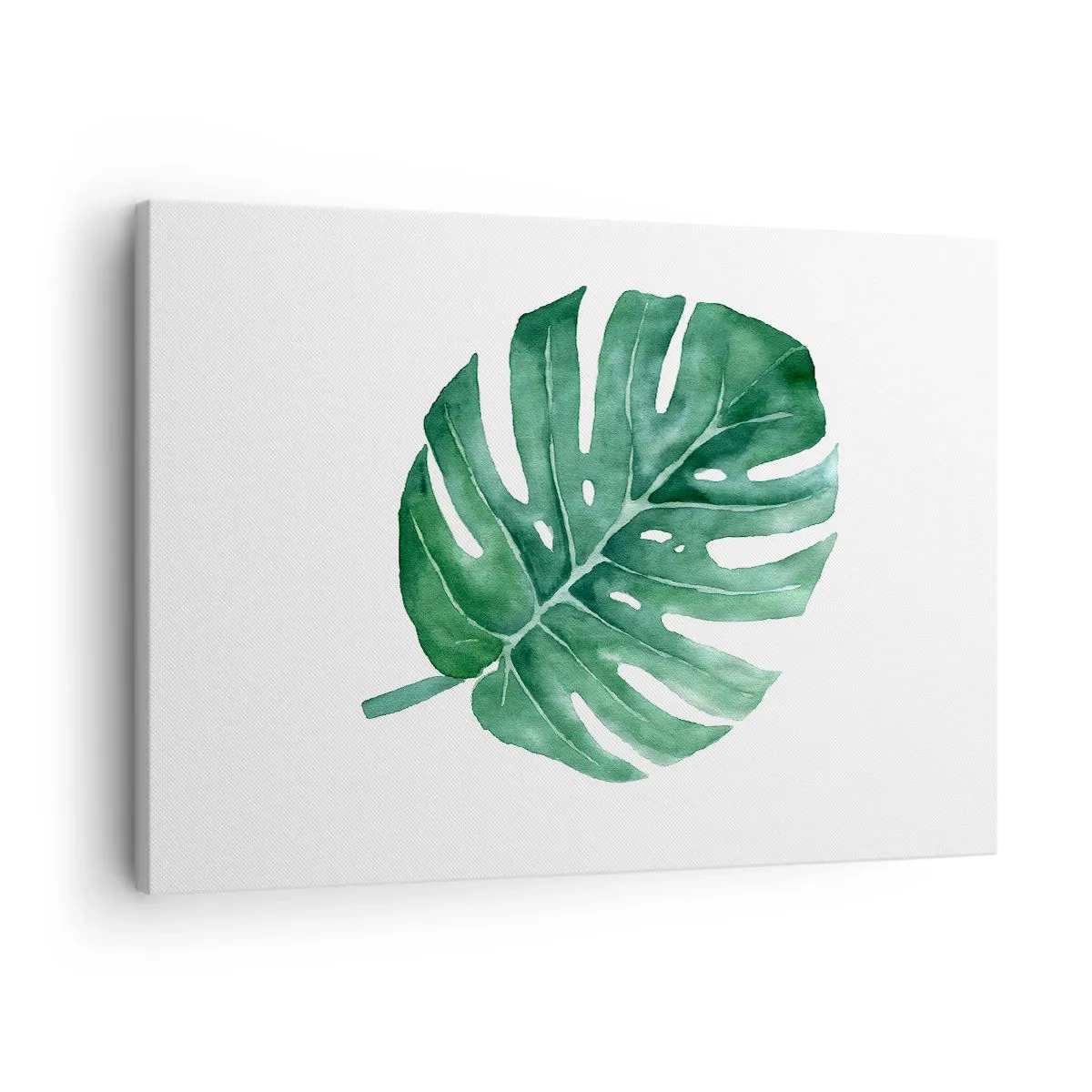 Obraz na płótnie - Zielony liść monstery w minimalistycznym stylu - 70x50cm - Zielony koncept - Nowoczesna dekoracja ścienna do salonu i sypialni ARTTOR