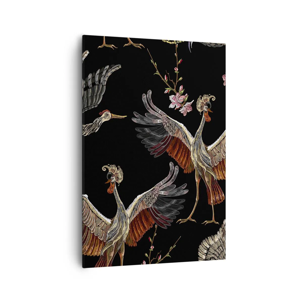 Obraz na płótnie - Stylowe żurawie i kwiaty na czarnym tle - 70x100cm - Baśniowy ptak - Nowoczesna dekoracja ścienna do salonu i sypialni ARTTOR