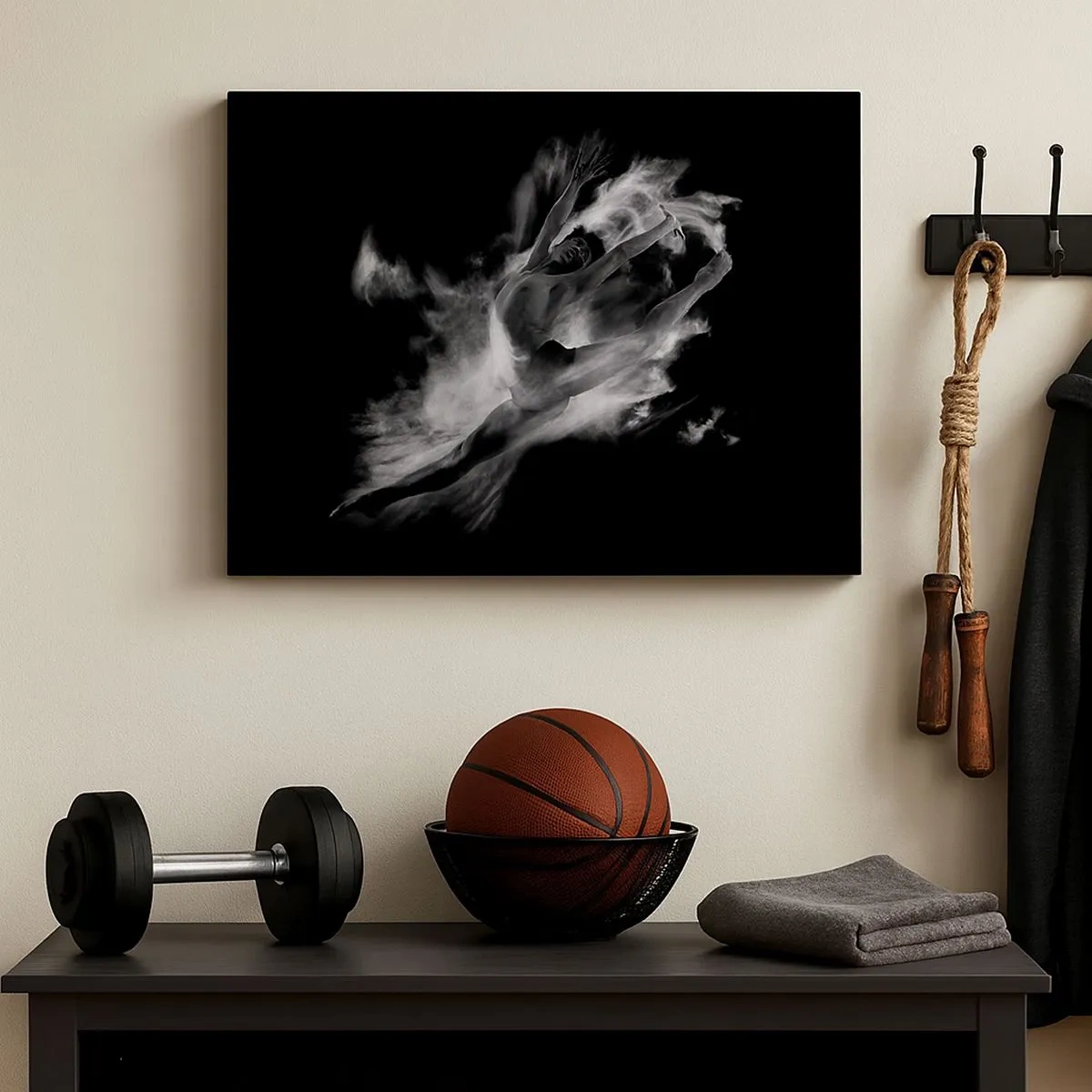 Obraz na płótnie - Tancerz w dynamicznej pozie na czarnym tle - 70x50cm - Zatrzymany w locie - Nowoczesna dekoracja ścienna do salonu i sypialni ARTTOR