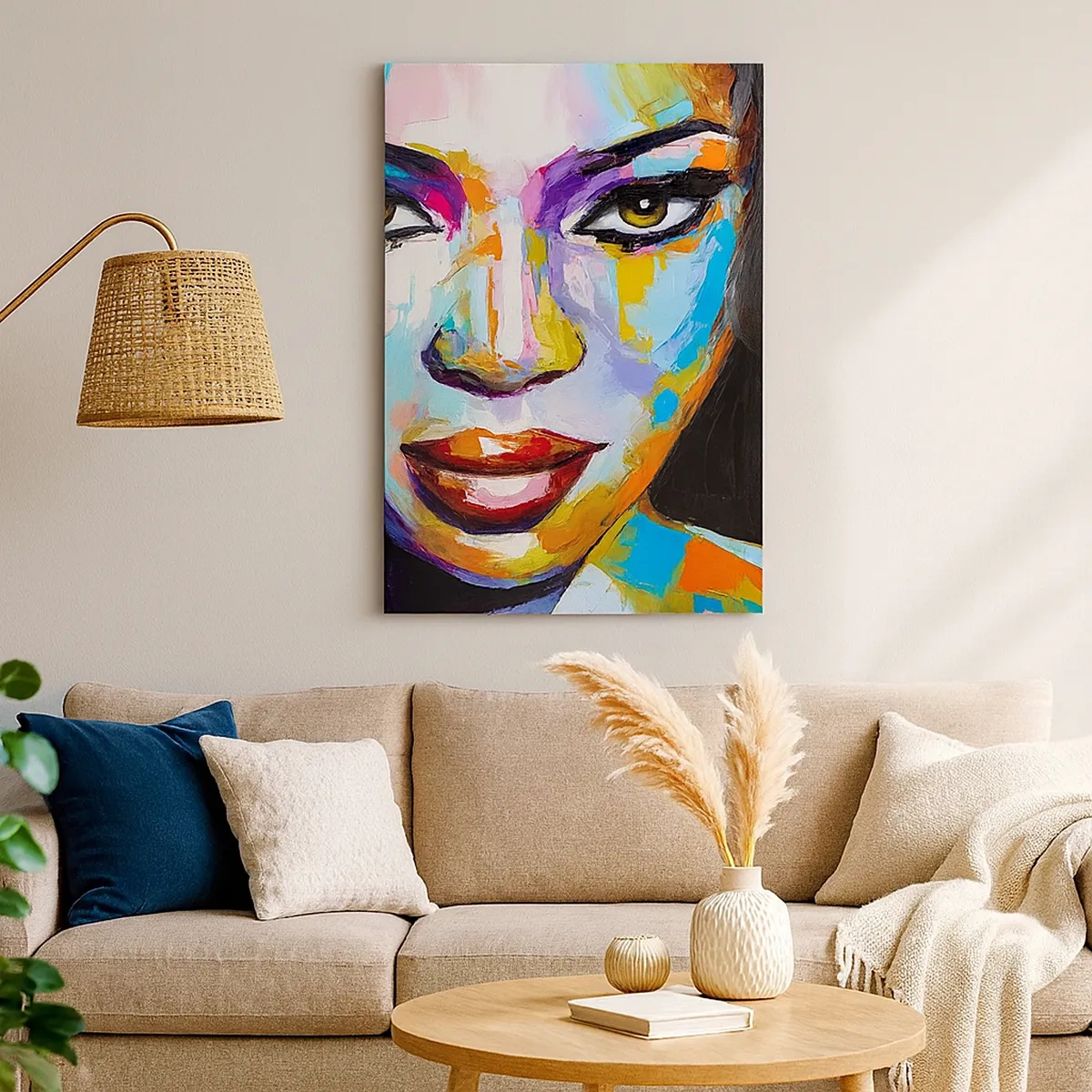 Obraz na płótnie - Kolorowy portret kobiety z intensywnymi detalami twarzy - 50x70cm - Nie sposób oderwac oczu - Nowoczesna dekoracja ścienna do salonu, kuchni i sypialni ARTTOR