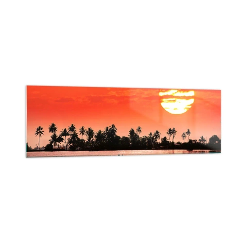 Obraz na szkle - Tropikalny zachód słońca z łodzią na tle palm - 160x50cm - Spokój tropików o zachodzie - Nowoczesna dekoracja ścienna do salonu i sypialni ARTTOR