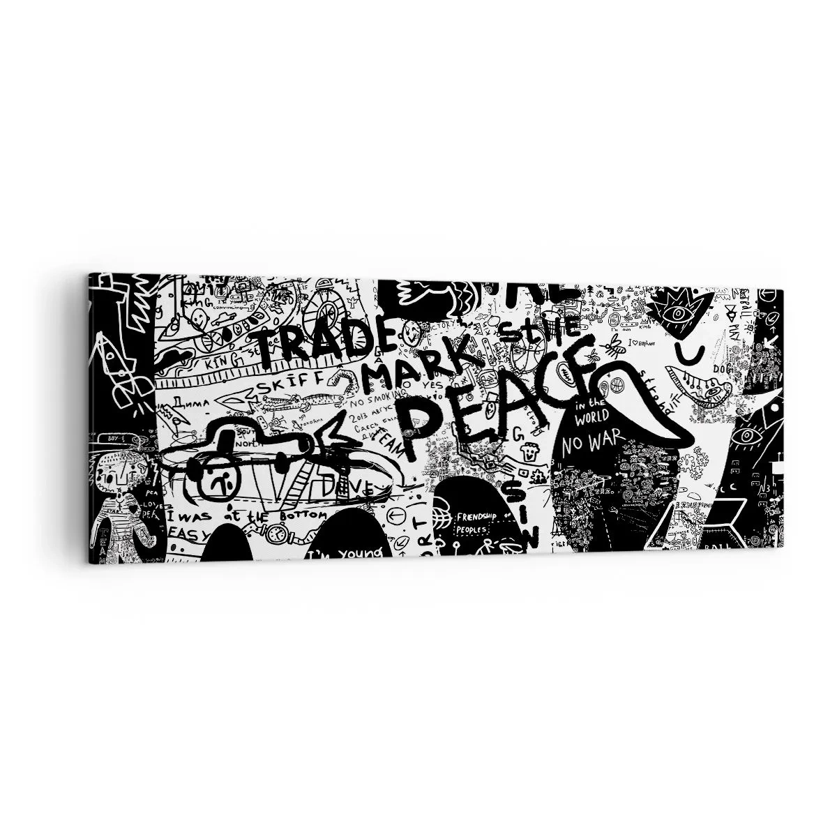 Obraz na płótnie - Czarno-biała grafika z motywami graffiti - 140x50cm - Bogaty świat ulicy - Nowoczesna dekoracja ścienna do salonu i sypialni ARTTOR
