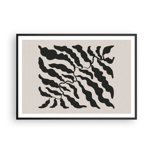 Plakat w czarnej ramie - Gałązki z liśćmi w czerni na jasnym tle - 100x70cm - Natura kwadratu - Nowoczesna dekoracja ścienna do salonu i sypialni ARTTOR