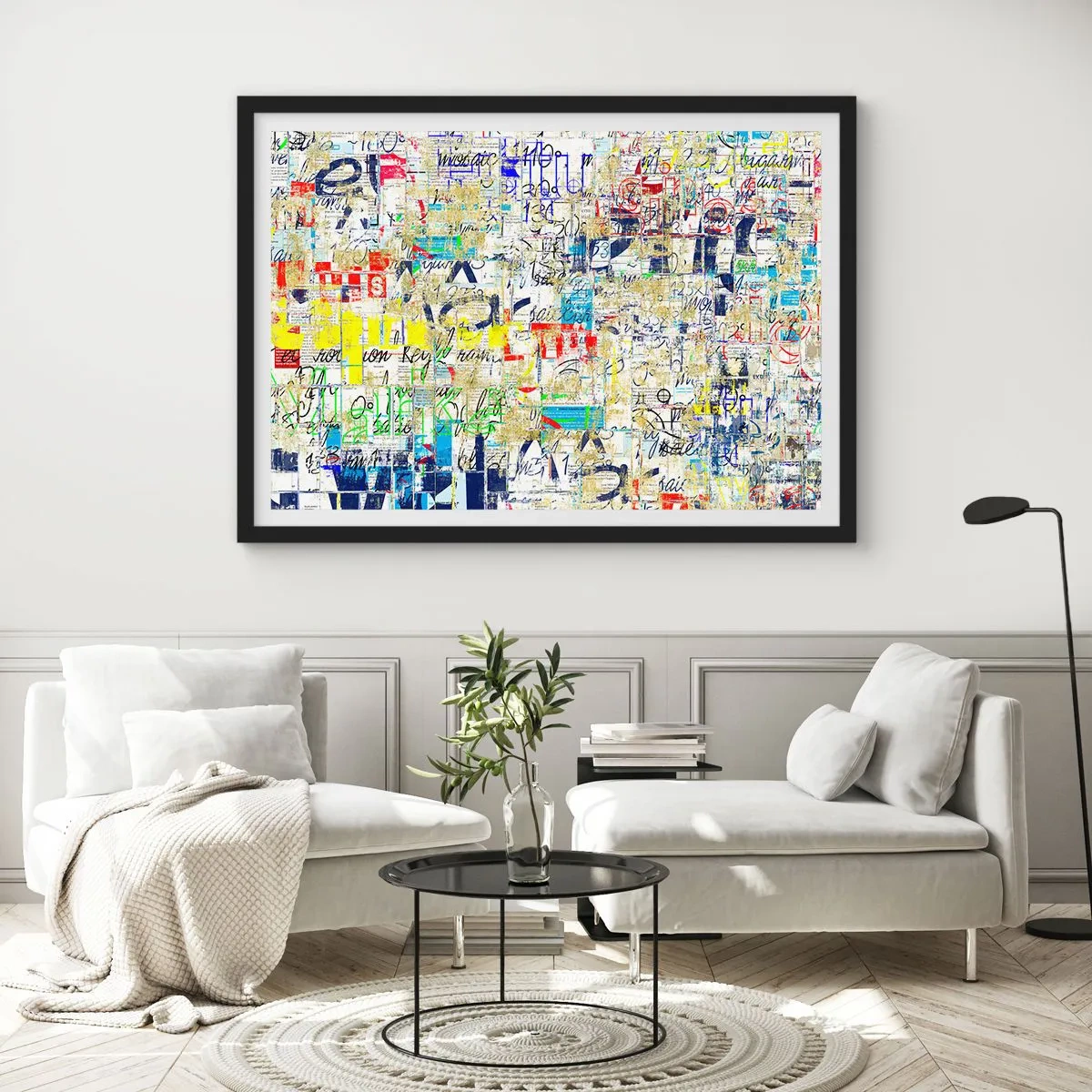 Plakat w czarnej ramie - Abstrakcyjne graffiti z kolorowymi napisami i wzorami - 100x70cm - Po prostu cieszy oczy - Nowoczesna dekoracja ścienna do salonu i sypialni ARTTOR