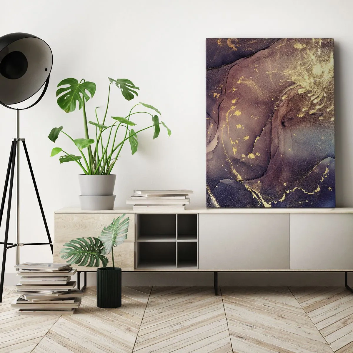 Obraz na płótnie - Abstrakcyjne wzory w odcieniach fioletu i złota - 50x70cm - Materia i duch - Nowoczesna dekoracja ścienna do salonu, kuchni i sypialni ARTTOR