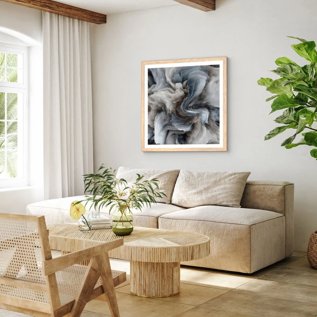 Plakat w ramie jasny dąb - Kamień i kwiat - 40x40 cm