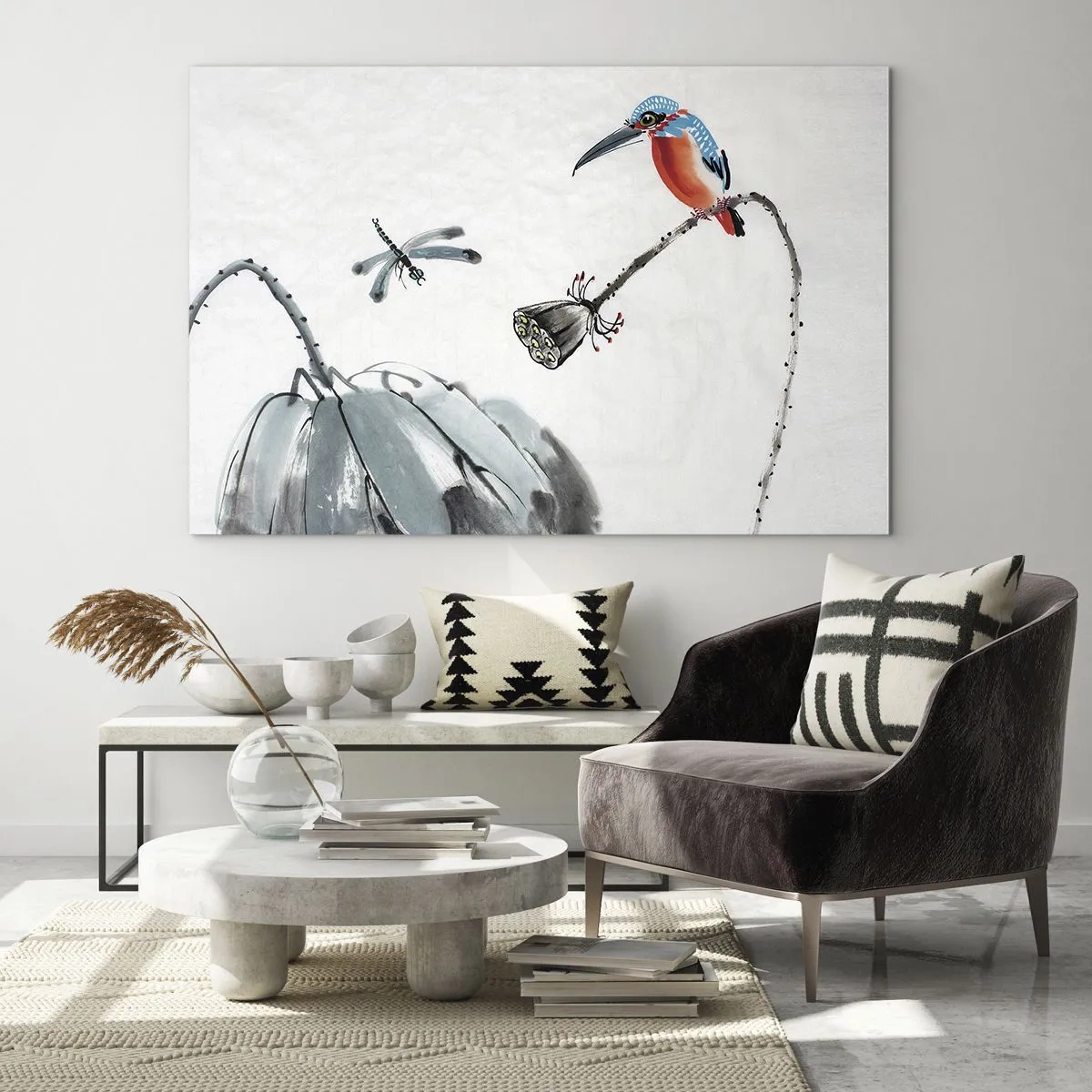 Obraz na szkle - Ilustracja z kolorowym ptakiem i ważką na tle roślinności - 70x50cm - Życie łąki - Nowoczesna dekoracja ścienna do salonu i sypialni ARTTOR