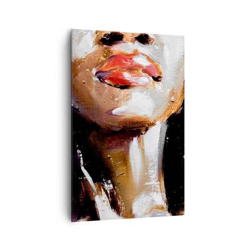 Obraz na płótnie - Portret kobiety w ekspresyjnym stylu malarskim na ciemnym tle - 80x120cm - Duma bez uprzedzeń - Nowoczesna dekoracja ścienna do salonu i sypialni ARTTOR