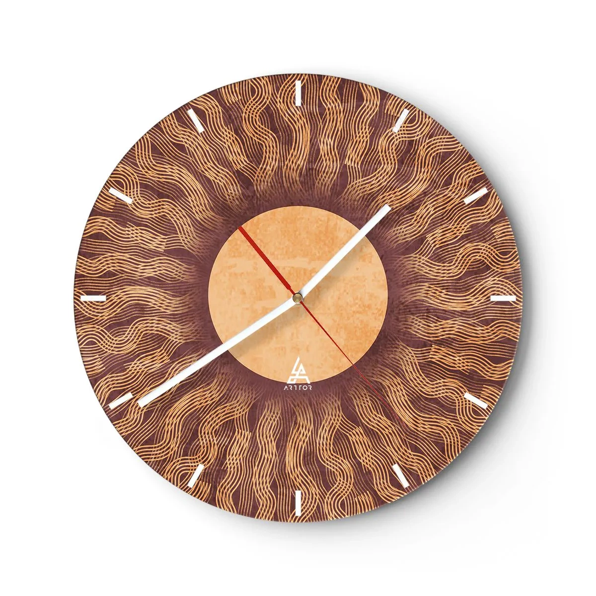 Zegar ścienny - Słoneczna tarcza z promienistym wzorem w ciepłych barwach - 30x30cm - Ikona słońca - Nowoczesna dekoracja ścienna do salonu, kuchni i sypialni ARTTOR
