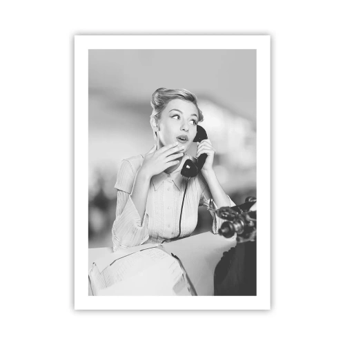 Plakat - Kobieta z lat 50. rozmawiająca przez telefon w biurze - 50x70cm - Halo, tu lata 50. - Nowoczesna dekoracja ścienna do salonu, kuchni i sypialni ARTTOR