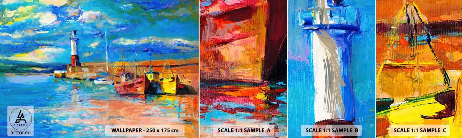 Fototapeta Próbka Samoprzylepna Deluxe Sticker - Popołudnie w tęczowej zatoce - Port Rybacki, Kuter Rybacki, Latarnia Morska - 100x30 cm