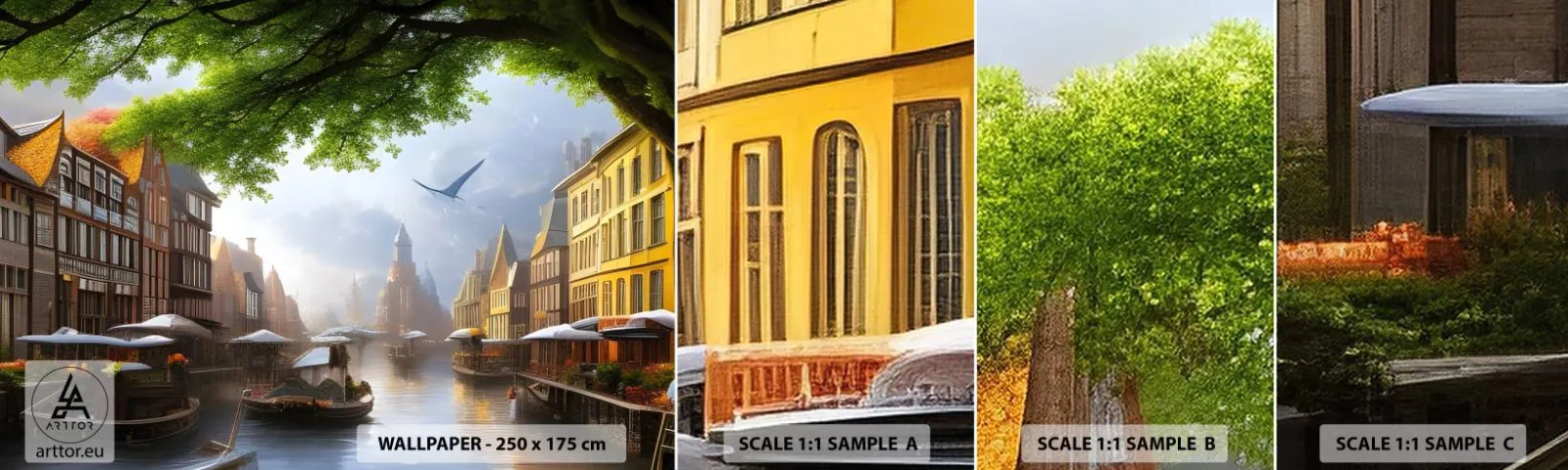 Fototapeta Próbka Standard Eco - Niderlandzki pejzaż miejski - Stare Miasto, Łodzie, Kanał - 100x30 cm