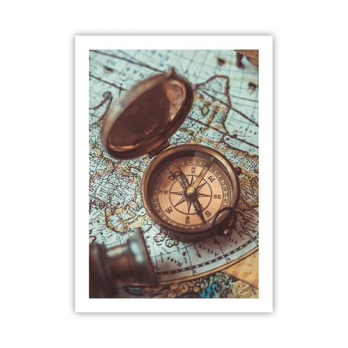 Plakat - Zabytkowy kompas na tle mapy świata - 50x70cm - Dla poszukiwacza przygód - Nowoczesna dekoracja ścienna do salonu, kuchni i sypialni ARTTOR
