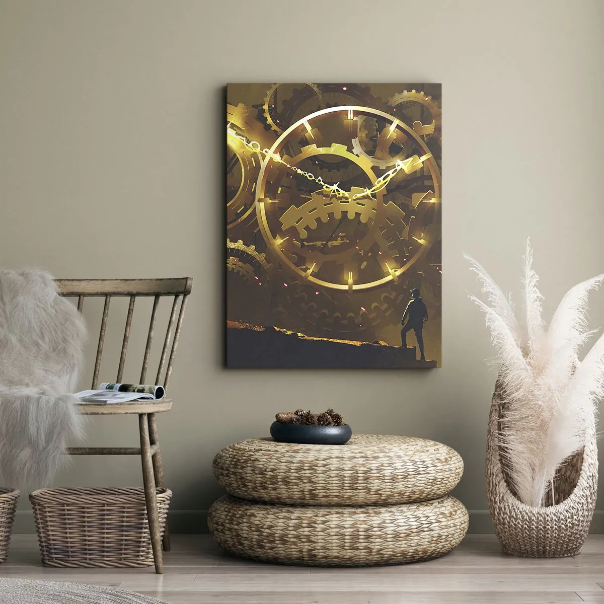 Obraz na płótnie - Złote zębate koła w surrealistycznej scenerii z postacią - 80x120cm - U źródeł czasu - Nowoczesna dekoracja ścienna do salonu i sypialni ARTTOR