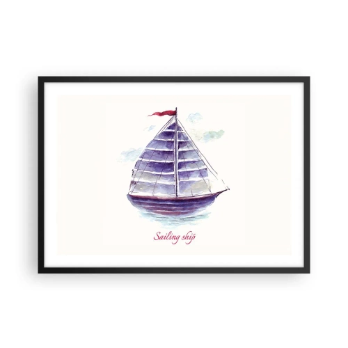 Plakat w czarnej ramie - Akwarelowy obraz żaglówki na wodzie z delikatnym napisem - 70x50cm - Pełnych żagli i spokojnej wody - Nowoczesna dekoracja ścienna do salonu i sypialni ARTTOR