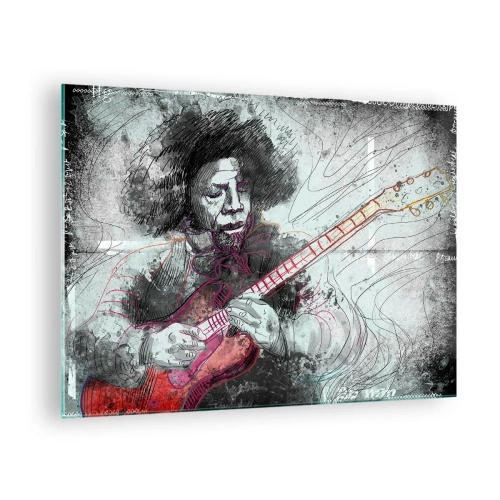 Obraz na szkle - Artystyczny portret muzyka z gitarą elektryczną - 70x50cm - Na falach muzyki - Nowoczesna dekoracja ścienna do salonu i sypialni ARTTOR