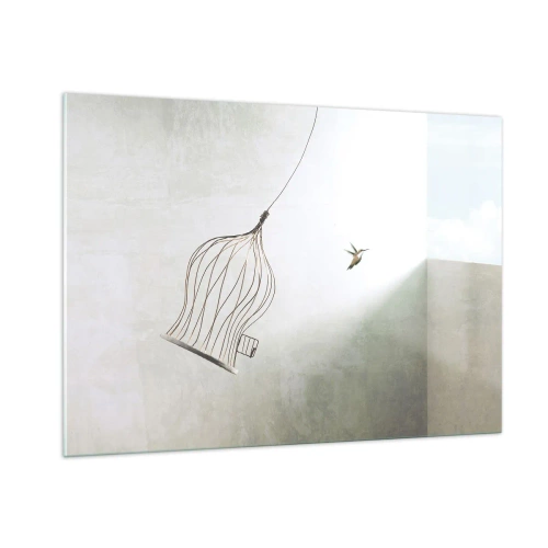 Obraz na szkle - Otwarta klatka i odlatujący koliber w świetle dziennym - 100x70cm - W swoim żywiole - Nowoczesna dekoracja ścienna do salonu, kuchni i sypialni ARTTOR