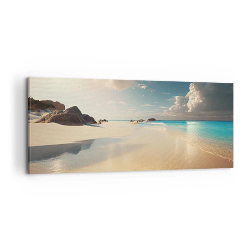Obraz na płótnie - Słoneczna plaża z błękitnym morzem i skałami - 120x50cm - Wymarzony dzień - Nowoczesna dekoracja ścienna do salonu i sypialni ARTTOR