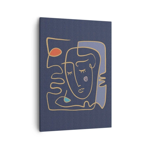 Obraz na płótnie - Minimalistyczna abstrakcyjna ilustracja twarzy na granatowym tle - 50x70cm - W zamyśleniu - Nowoczesna dekoracja ścienna do salonu, kuchni i sypialni ARTTOR