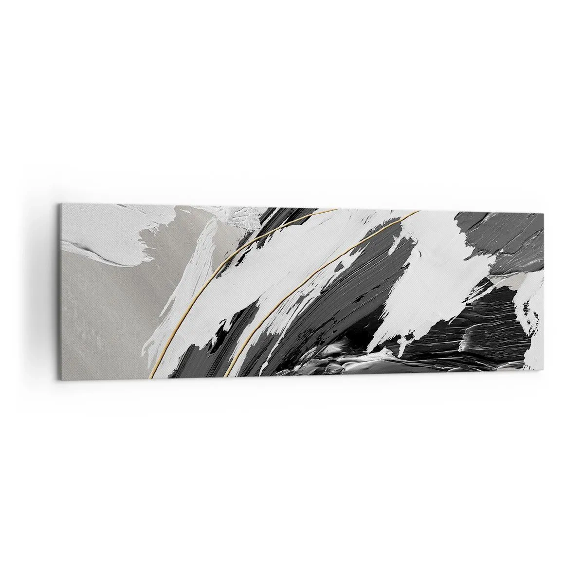 Obraz na płótnie - Czarno-białe pociągnięcia farby z delikatnym złotym akcentem - 160x50cm - Abstrakcja z rozmachem - Nowoczesna dekoracja ścienna do salonu i sypialni ARTTOR