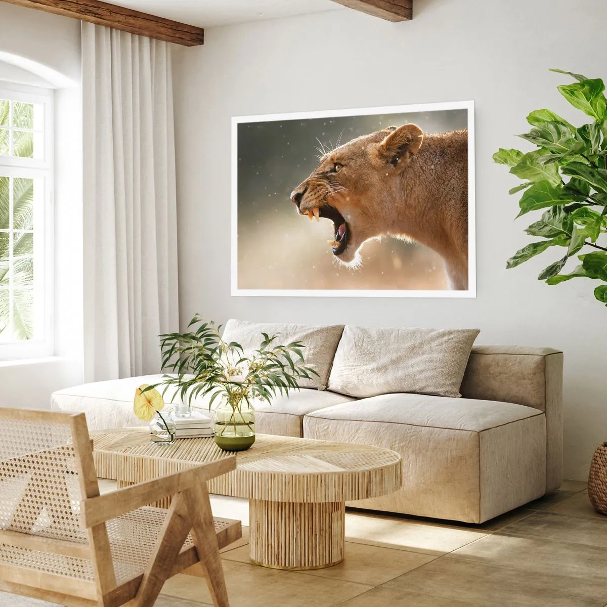 Plakat - Portret ryczącej lwicy w naturalnym świetle - 100x70cm - Spróbuj nie posłuchać - Nowoczesna dekoracja ścienna do salonu i sypialni ARTTOR