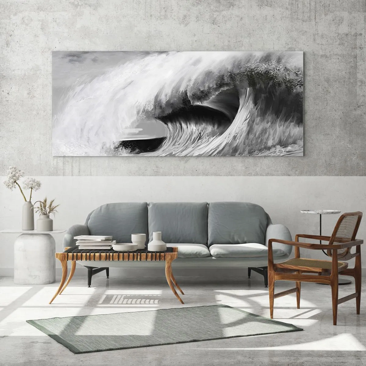 Obraz na szkle - Dramatyczna fala oceaniczna w monochromatycznym ujęciu - 120x50cm - Gniew oceanu - Nowoczesna dekoracja ścienna do salonu i sypialni ARTTOR