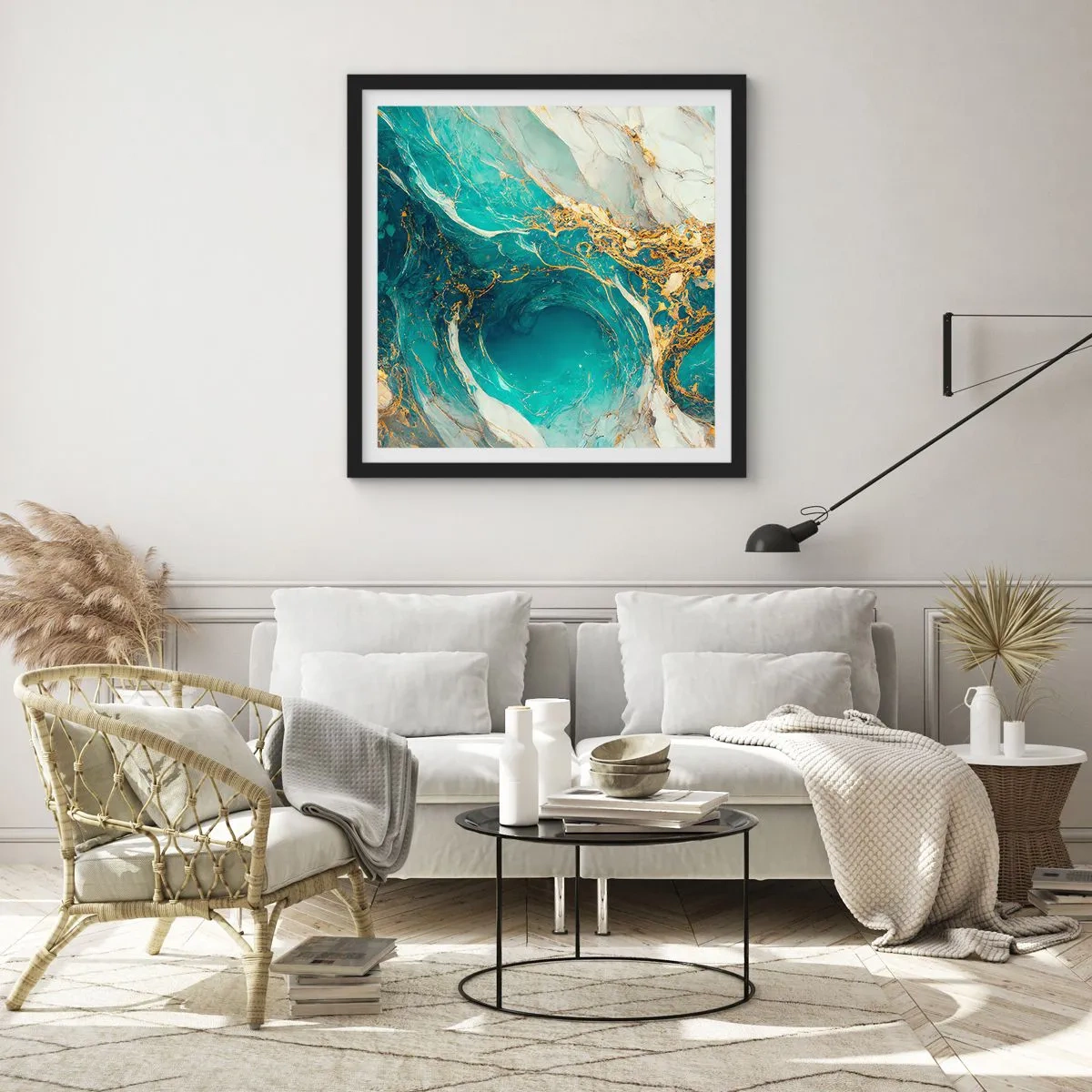 Plakat w czarnej ramie - Kompozycja z żyłami złota - 60x60 cm