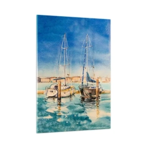 Obraz na szkle - Akwarelowa marina z latarnią i zacumowanymi jachtami - 50x70cm - Słoneczna laguna - Nowoczesna dekoracja ścienna do salonu, kuchni i sypialni ARTTOR