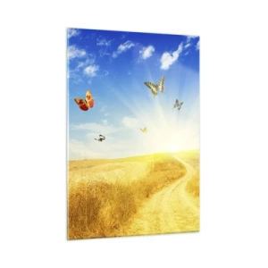 Obraz na szkle - Motyle unoszące się nad polną drogą o wschodzie słońca - 50x70cm - I jak tu nie kochać lata? - Nowoczesna dekoracja ścienna do salonu, kuchni i sypialni ARTTOR