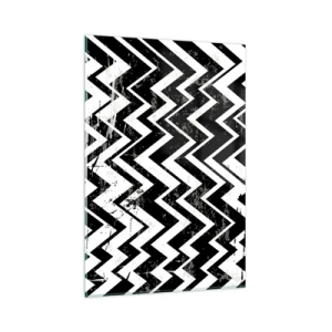 Obraz na szkle - Czarno-biały wzór w zygzaki z artystycznymi przetarciami - 80x120cm - Zyg-białe, zag-czarne - Nowoczesna dekoracja ścienna do salonu i sypialni ARTTOR