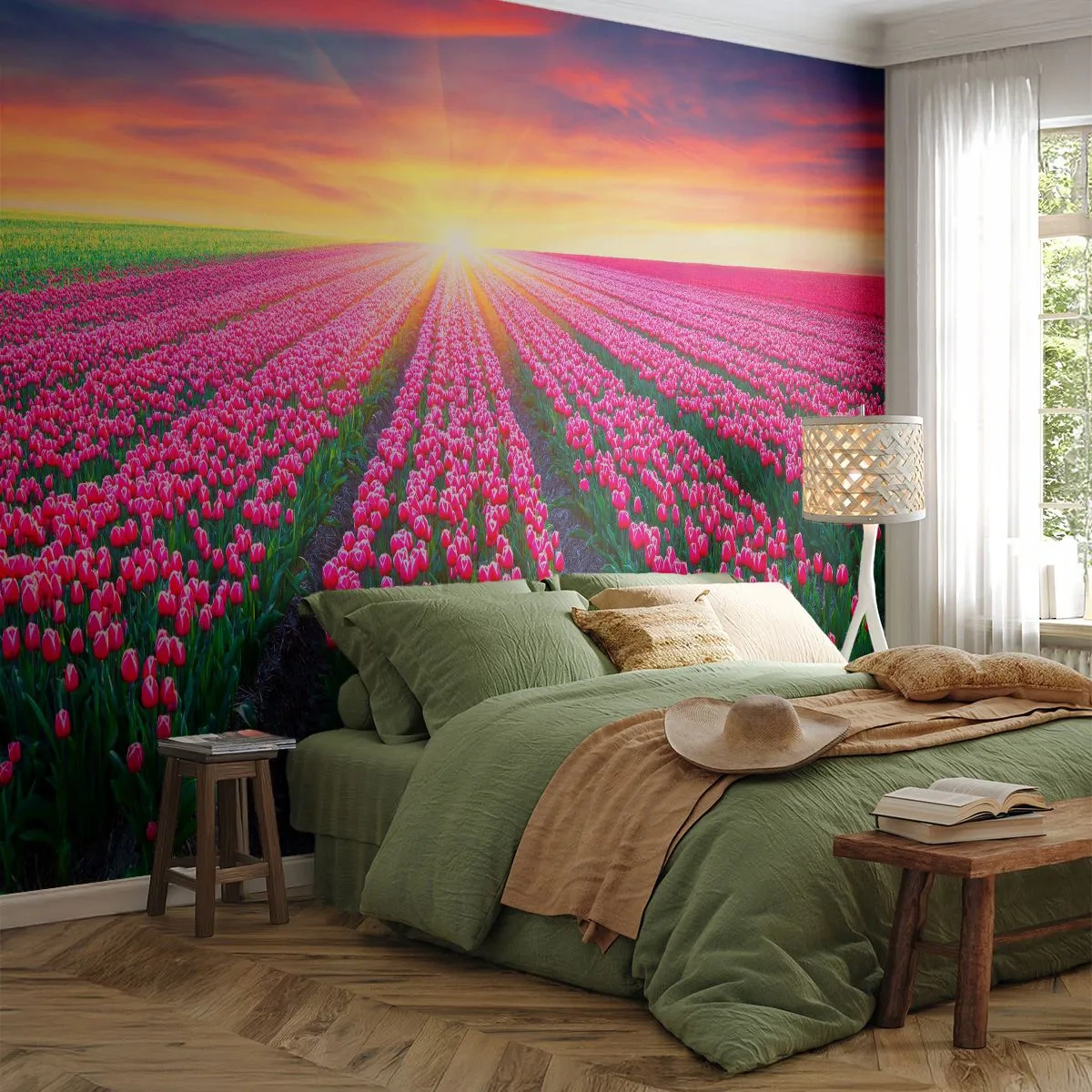Fototapeta Premium Canvas - Farma piękności - Kwiaty, Tulipany, Zachód Słońca - 250x175 cm