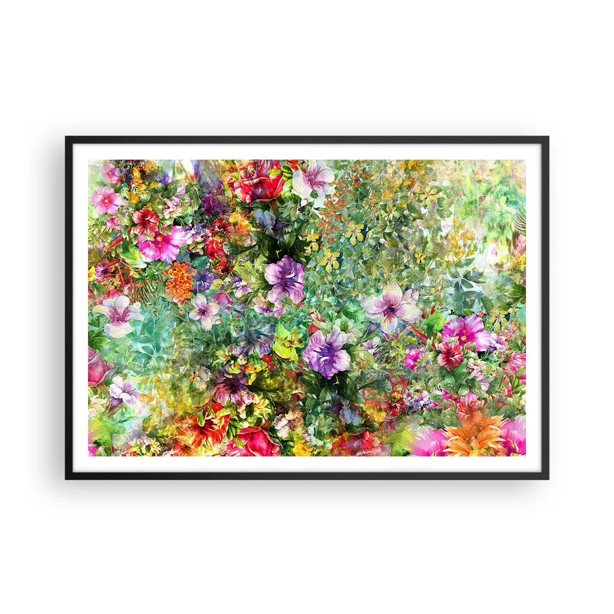 Plakat w czarnej ramie - Kolorowa kompozycja kwiatów na zielonym tle - 100x70cm - W kwiaty na zatracenie - Nowoczesna dekoracja ścienna do salonu i sypialni ARTTOR