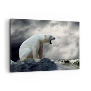 Obraz na płótnie - Niedźwiedź polarny na skałach nad wzburzonym morzem - 120x80cm - Samotny król Arktyki - Nowoczesna dekoracja ścienna do salonu, kuchni i sypialni ARTTOR