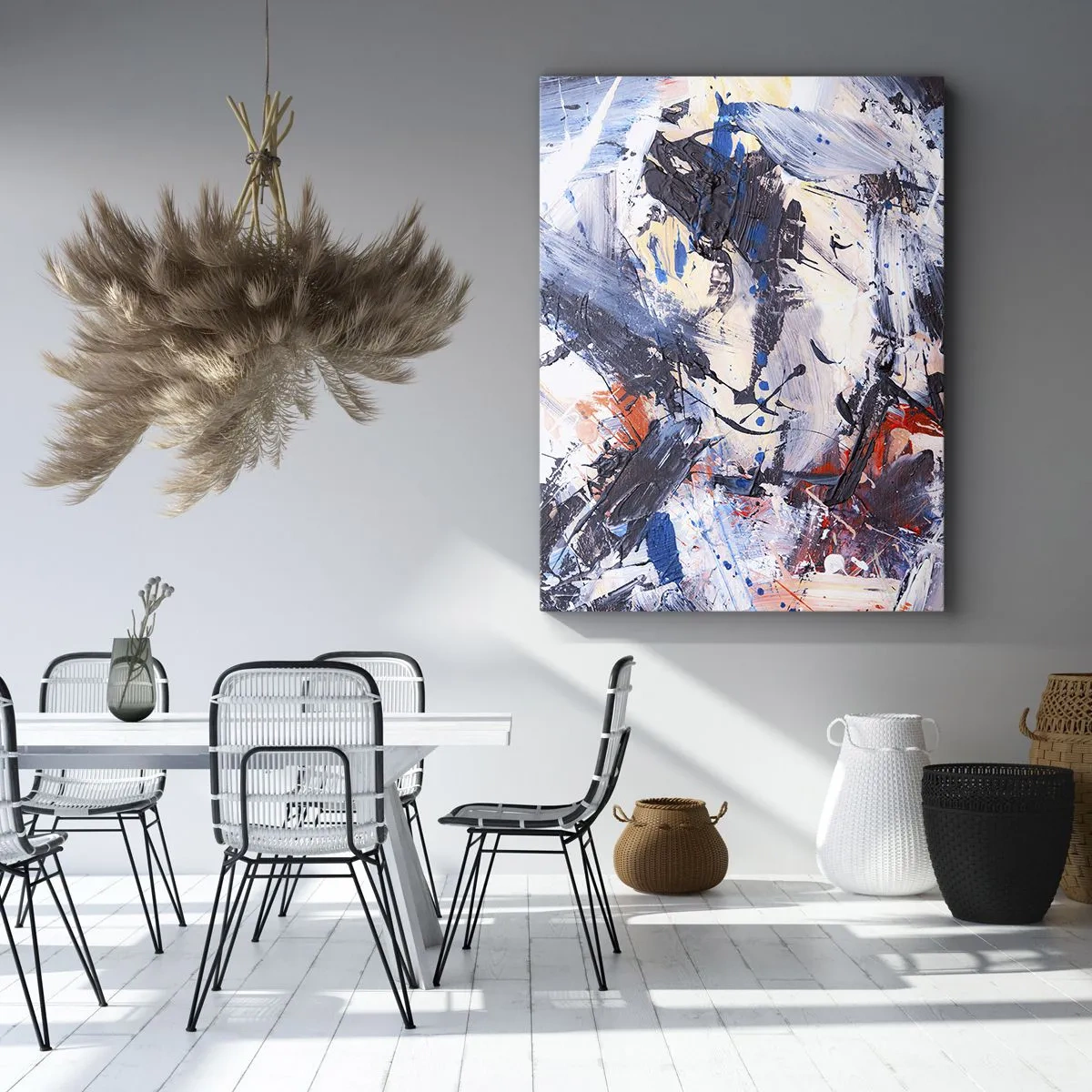 Obraz na płótnie - Abstrakcyjna kompozycja w odcieniach błękitu, szarości i pomarańczu - 50x70cm - Szalony taniec abstrakcji - Nowoczesna dekoracja ścienna do salonu, kuchni i sypialni ARTTOR