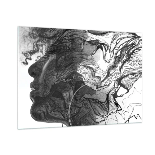 Obraz na szkle - Czarno-biała sylwetka kobiety z abstrakcyjnymi liniami - 100x70cm - Zaplątana w marzeniach - Nowoczesna dekoracja ścienna do salonu, kuchni i sypialni ARTTOR