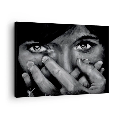 Obraz na płótnie - Czarno-biały portret kobiety zakrywającej twarz dłońmi - 70x50cm - Nie powiem, kto namalował - Nowoczesna dekoracja ścienna do salonu i sypialni ARTTOR