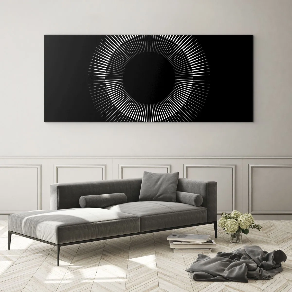Obraz na szkle - Graficzne koło z promieniami w czerni i bieli - 120x50cm - Czarne Słońce - Nowoczesna dekoracja ścienna do salonu i sypialni ARTTOR